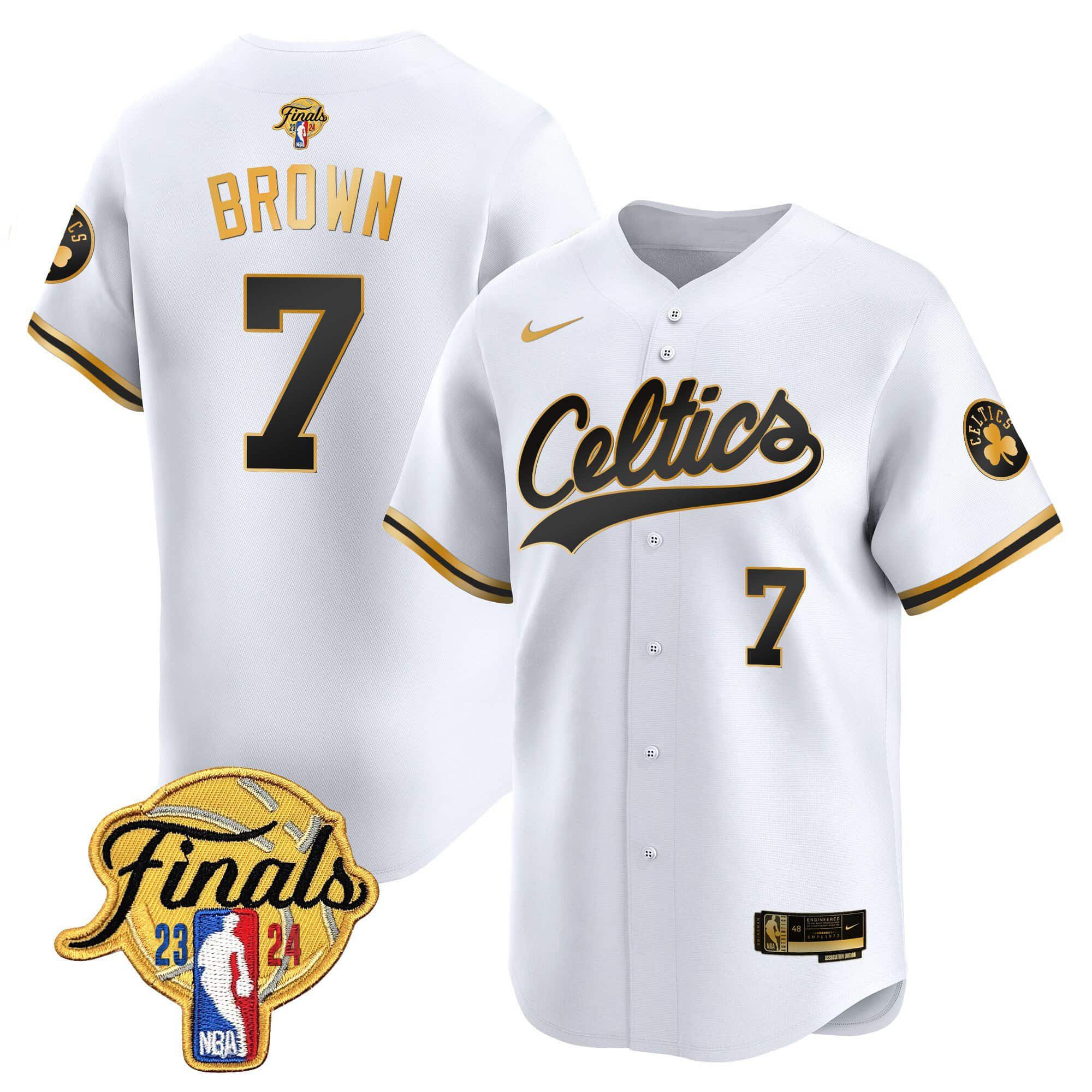 Men Boston Celtics 7 Brown White 2024 Nike Finals Patch Baseball NBA Jersey